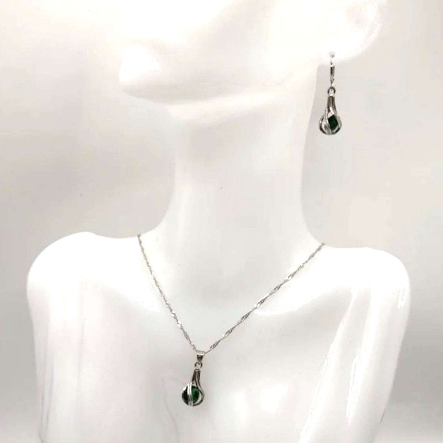 925 Silver Necklace Earrings Set Teardrop Lab Emerald Anniversary Birthday Gift 69$